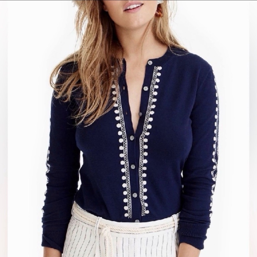 J.Crew Navy Embroidered Cardigan Size Small Button Front Sweater